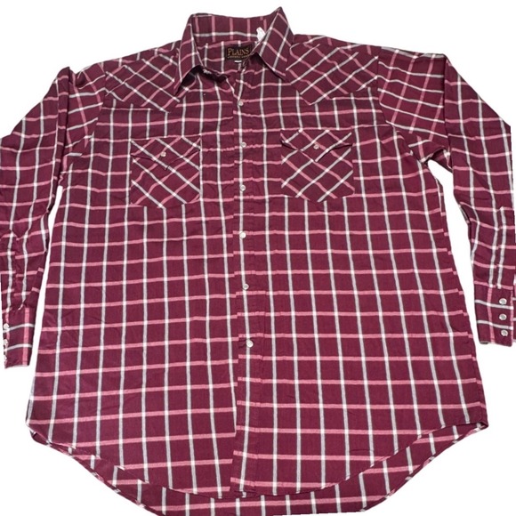 plains western wear Other - Plains Western Shirt Mens L Pearl Snap Plaid Burgundy Cowboy Southwestern VTG